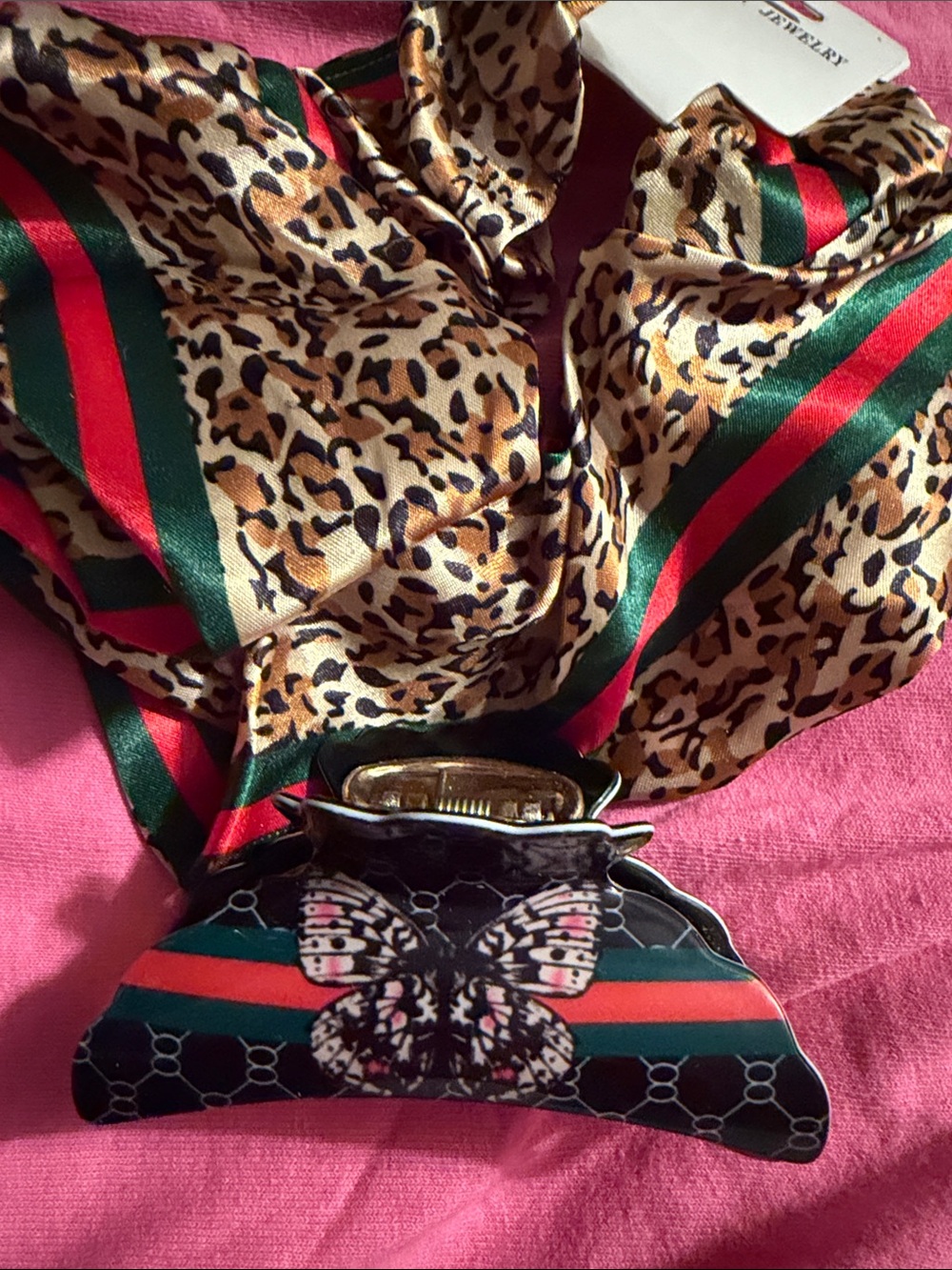 Silk Leopard Print headband with Green-Red Stripe Accent and hair claw